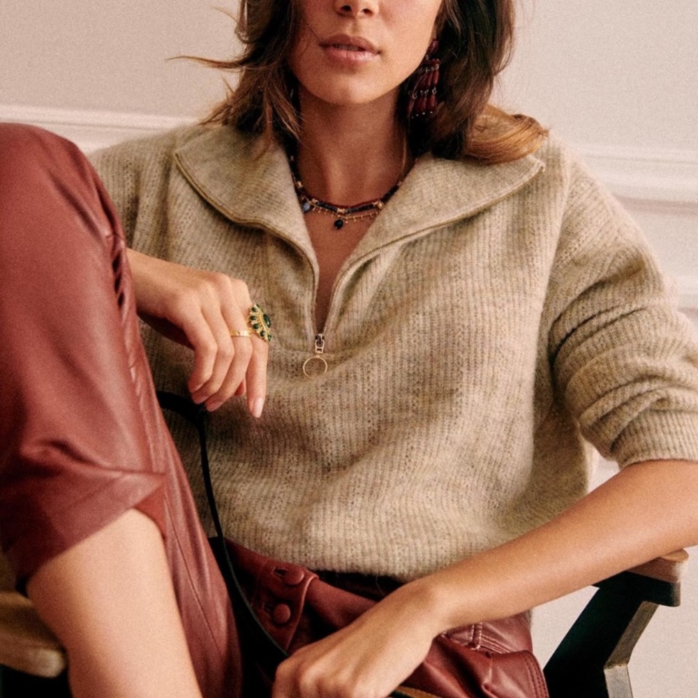 Sezane Heathered Beige Half-Zip V-Neck Sweater